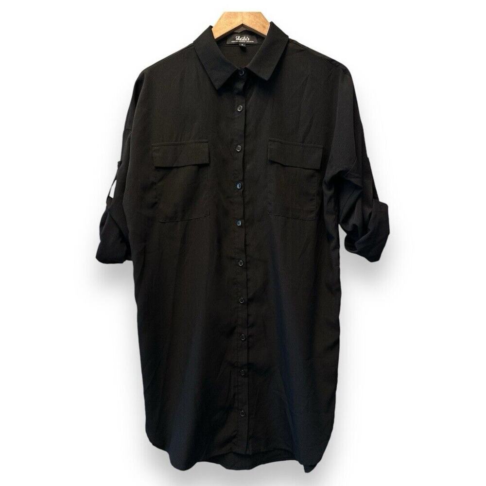 Lulus Black Button Up Tunic Shirt Long Sleeve Roll Tab Pocket JID4042 Mens S
